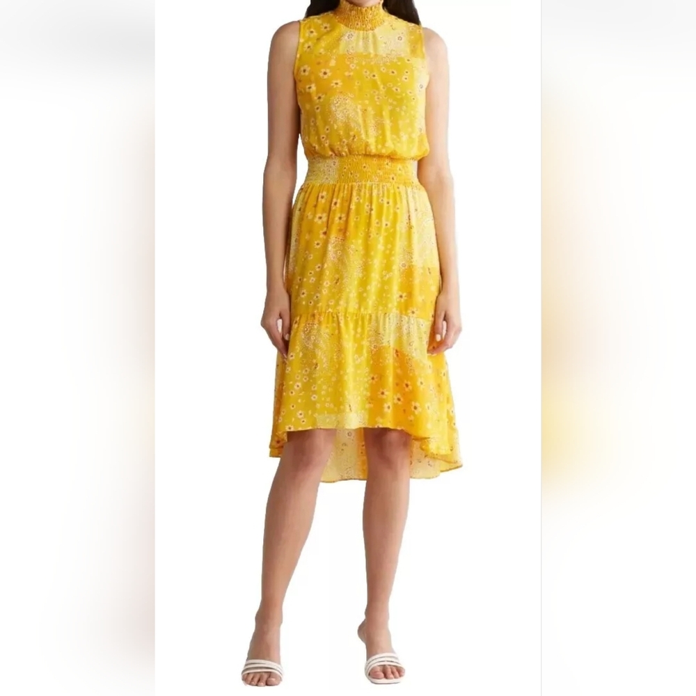 Nanette Lepore Yellow High Low Ditsy Floral Mock Neck Smocked Waist Dress Sz 16